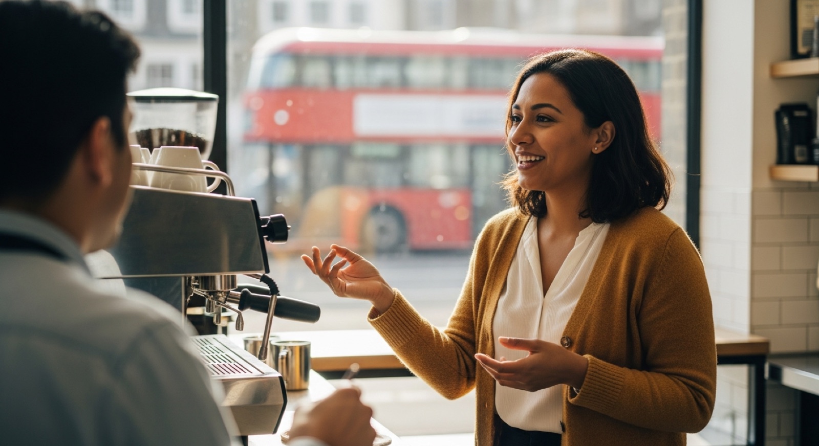 Mujer hispanohablante conversando relajada en inglés en una cafetería de Londres