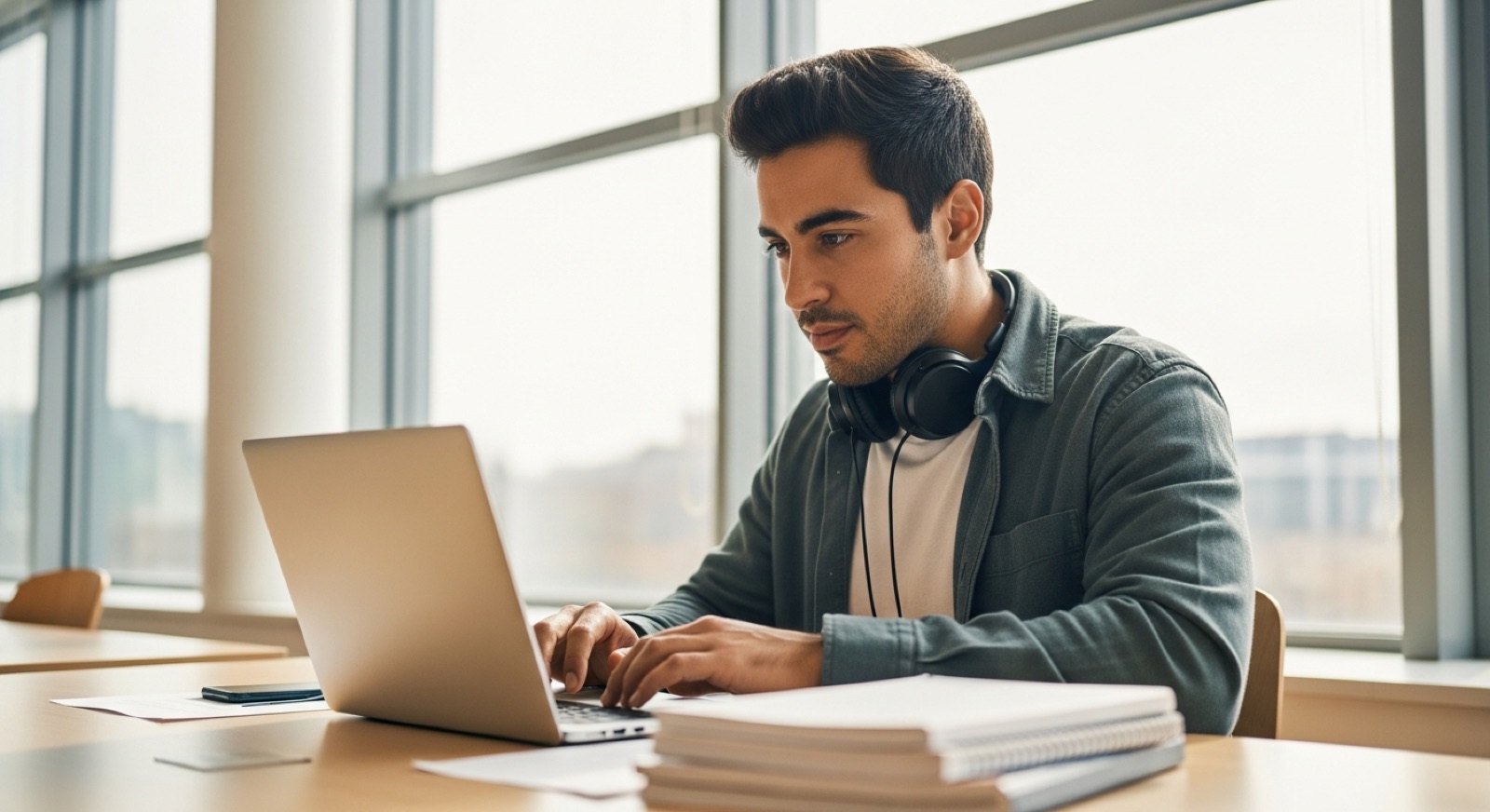 Estudiante hispanohablante repasando los niveles de inglés del MCER en una biblioteca luminosa