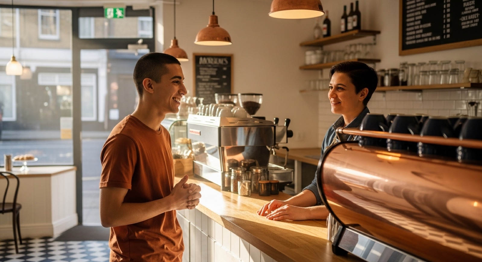 Hispanohablante pidiendo su primer café en inglés en una cafetería británica — nivel A1 del MCER