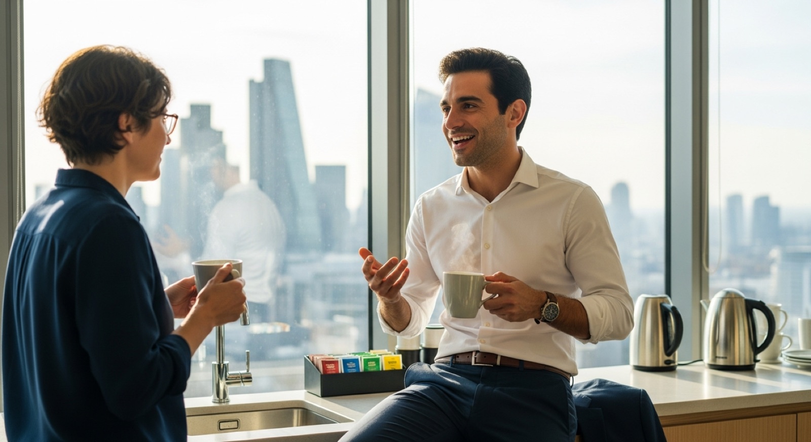 Spanish-speaking colleagues using phrasal verbs in an English conversation at a London office