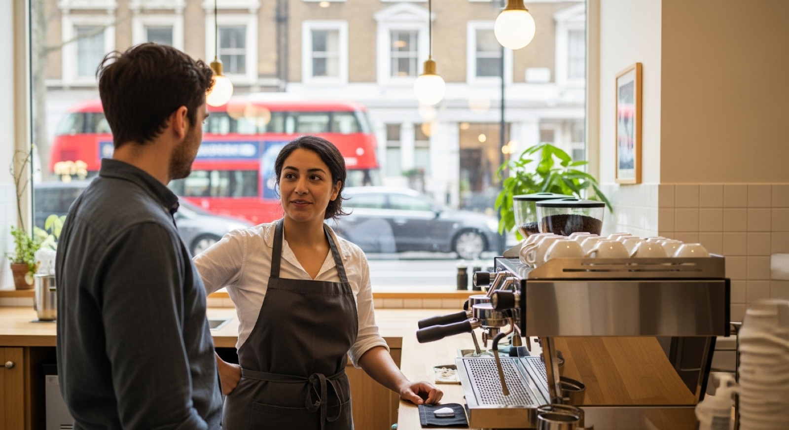 Spanish-speaking barista talking with a colleague behind the counter of a London coffee shop, with a red bus outside