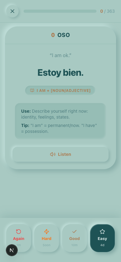 Flashcard back — translation "I'm fine." and SRS buttons.