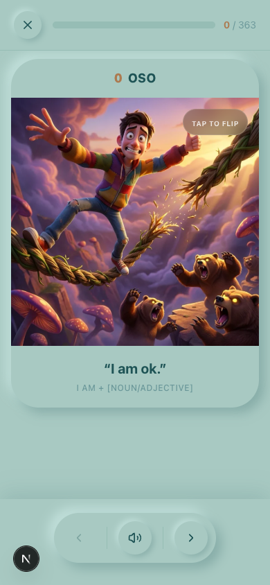 Flashcard front — mnemonic image of the bear with the boy falling. "I am ok."