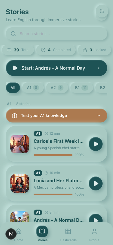 Stories list: cards for Carlos A1, Lucía A2, Diego B1, Paula B2