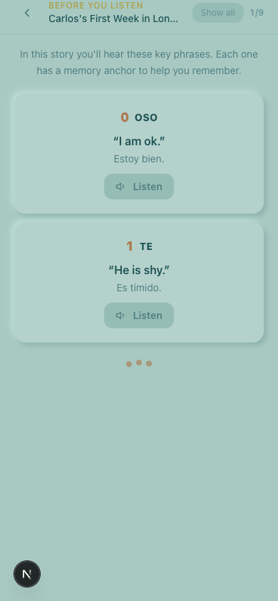 Pre-story screen: list of structures with mnemonic icons
